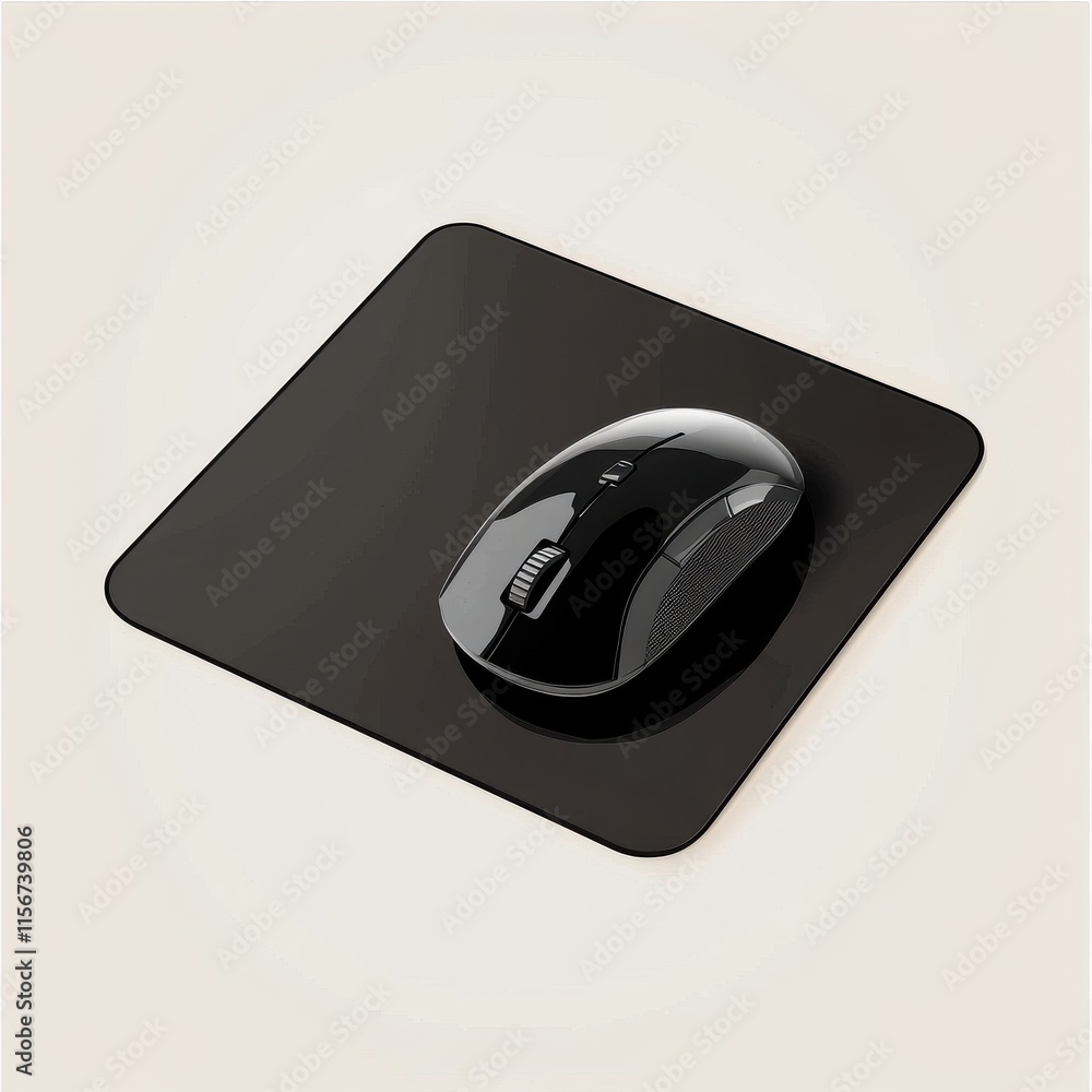 Poster A sleek black computer mouse resting on a matching mouse pad, creating a minimalist tech aesthetic.