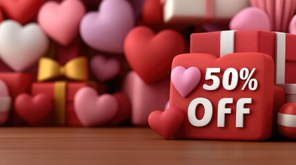 A vibrant display of colorful gift boxes and hearts promoting a 50% discount, perfect for Valentine's Day or special occasions.