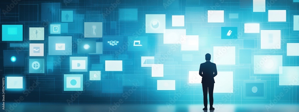 Poster silhouette of a businessman standing in front of a digital wall displaying various icons and symbols