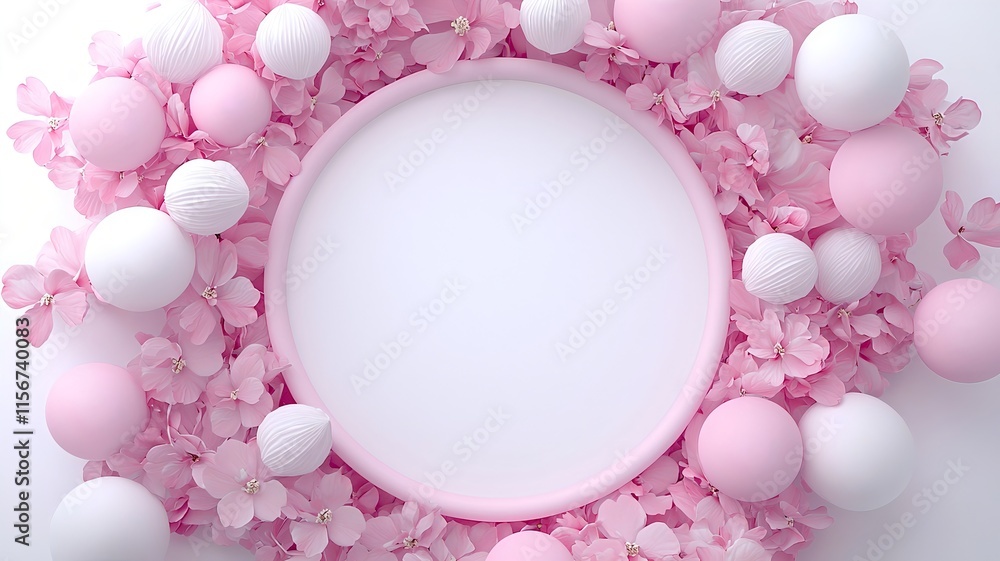Poster elegant 3d depicting a minimalist clean composition of lanterns and delicate cherry blossoms forming