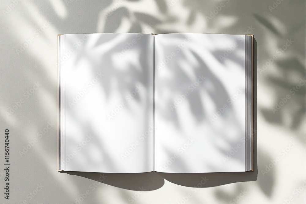 Poster open blank book mockup with soft leaf shadows falling across light textured background. ideal for de
