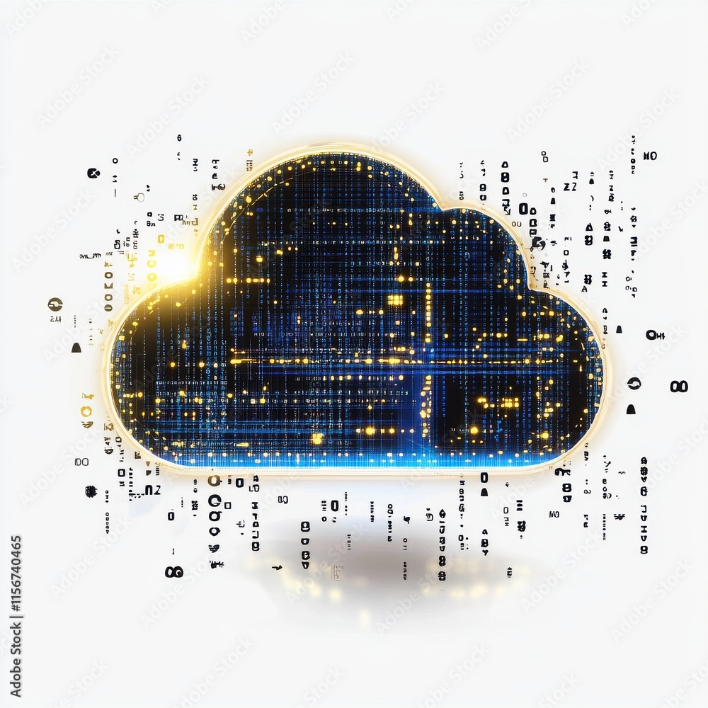 Poster futuristic digital cloud with glowing data streams, symbolizing cloud technology and connectivity.