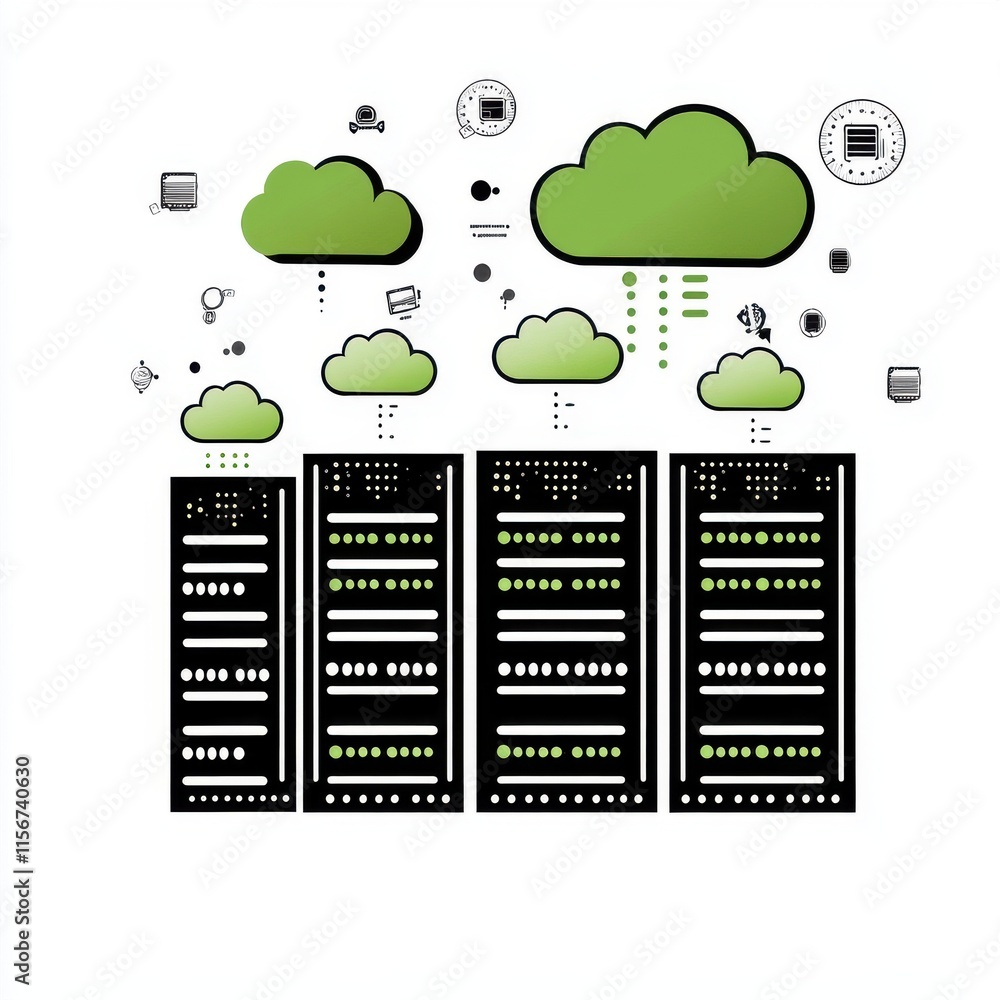 Poster stylized illustration of data servers with green cloud elements, symbolizing cloud computing and dig