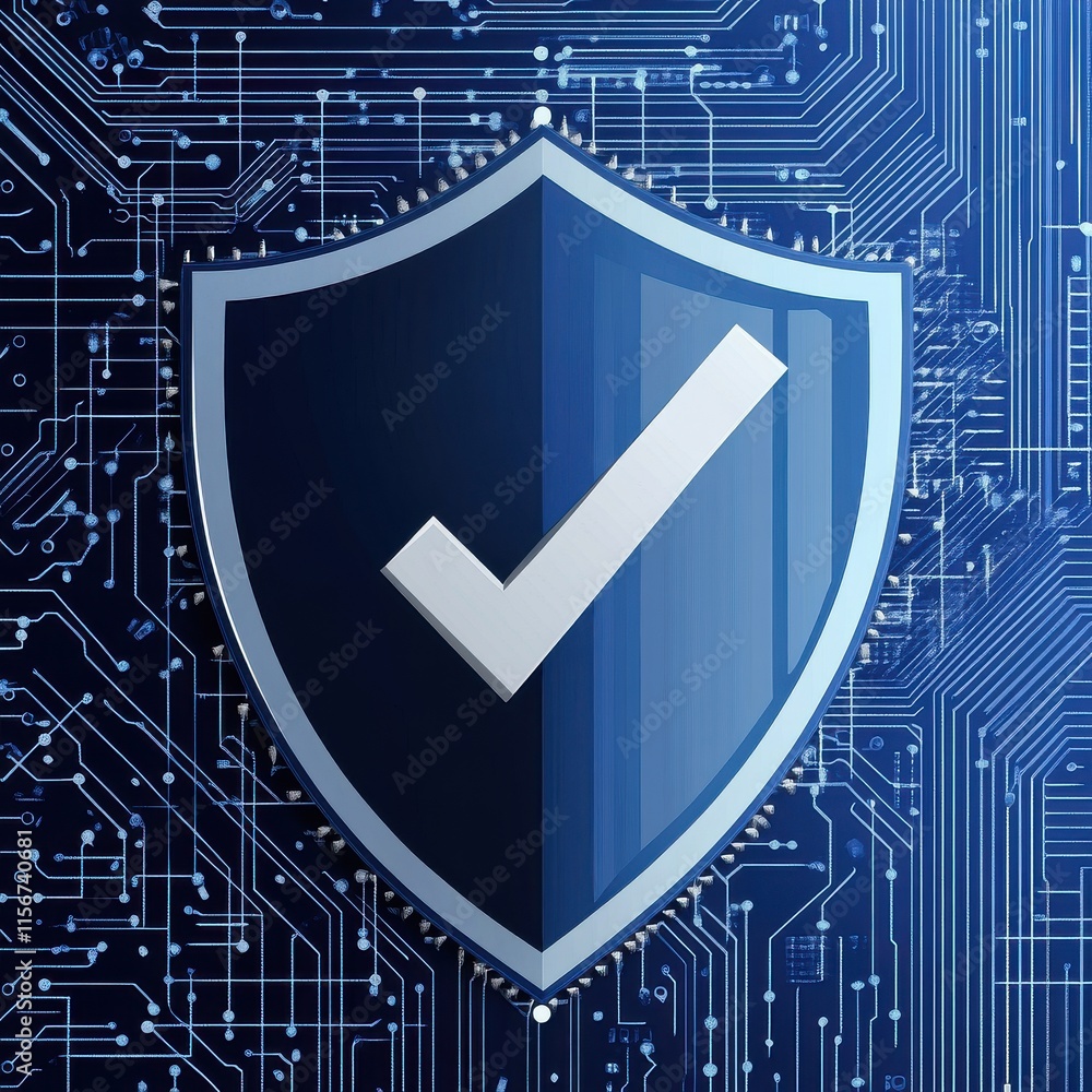 Poster a digital shield icon representing cybersecurity with a check mark, set against a background of circ