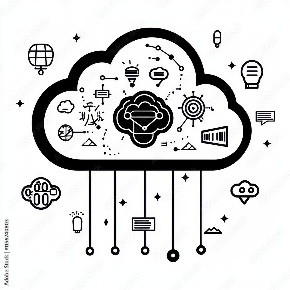Poster illustration of a cloud symbolizing advanced technology and data connection, featuring various graph