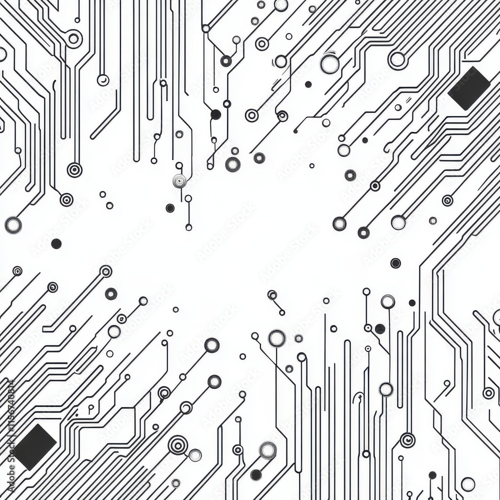 Poster abstract black and white circuit board design with intricate lines and patterns conveying technology