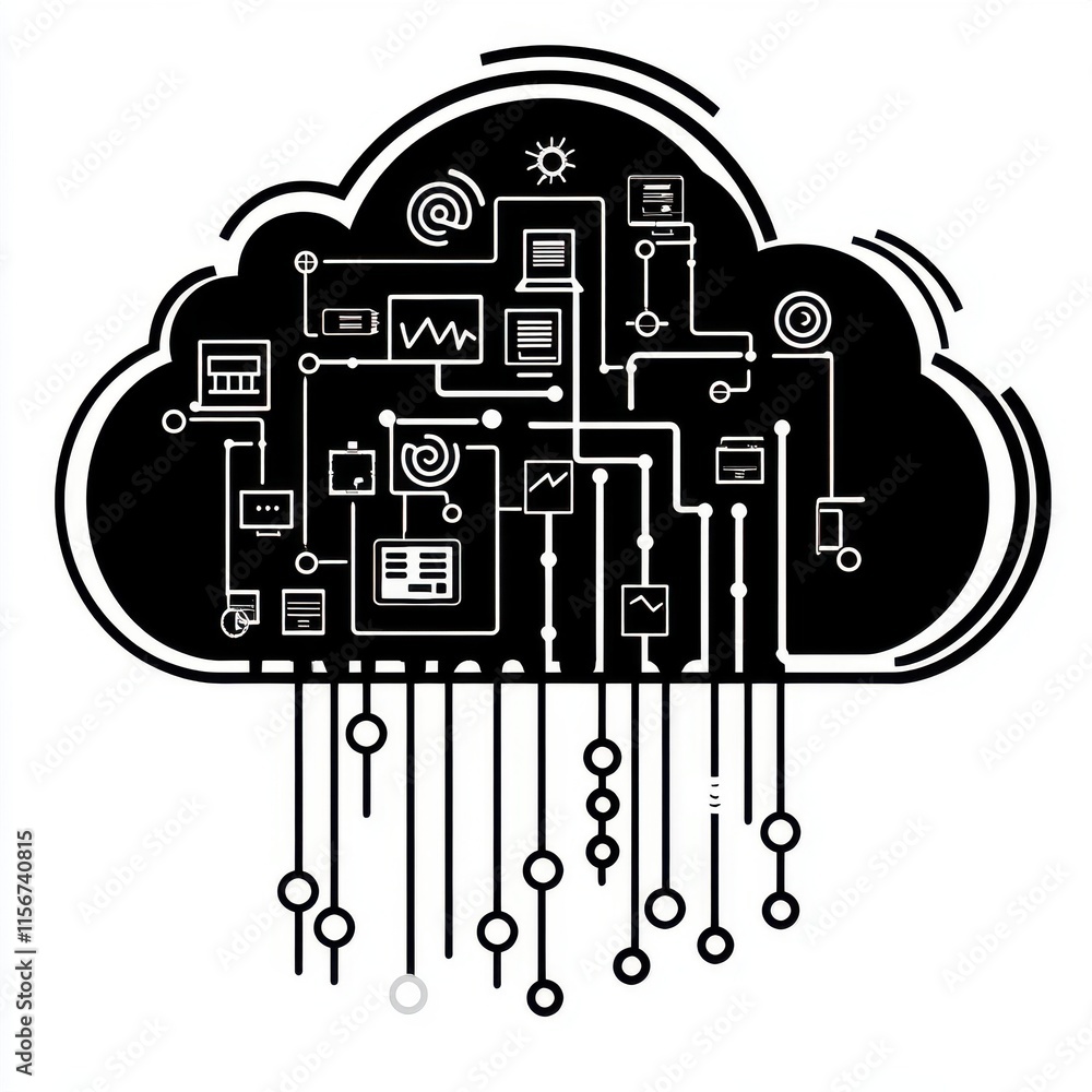 Poster digital cloud computing concept with intricate circuit designs representing data flow and connectivi
