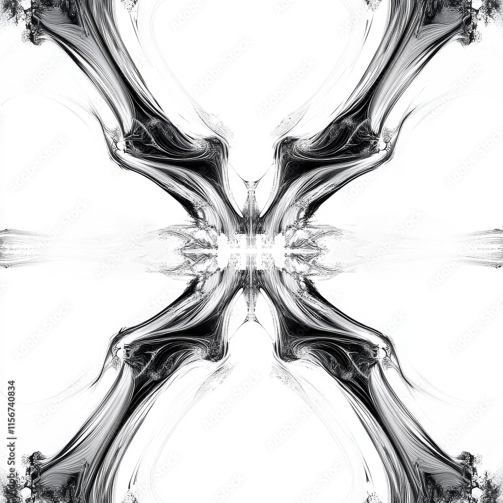 Poster abstract black and white fractal design creating symmetrical patterns and fluid shapes.