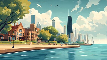 Lakeside Cityscape Featuring Buildings and Sailboats