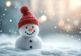 Fototapeta premium Charming Snowman with Red Knit Hat and Bright Orange Carrot Nose in a Winter Wonderland Scene with Soft Snow and Sparkling Bokeh Background