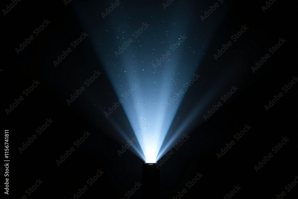 Poster spotlight beams in dark space, highlighting floating particles, creating a minimalist and abstract v