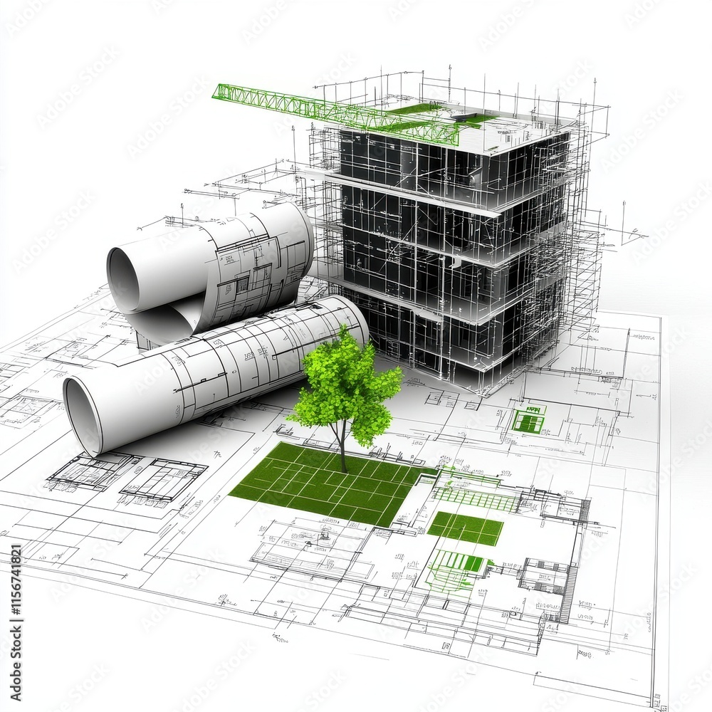 Poster a striking architectural design featuring a modern building blueprint with green features and a tree