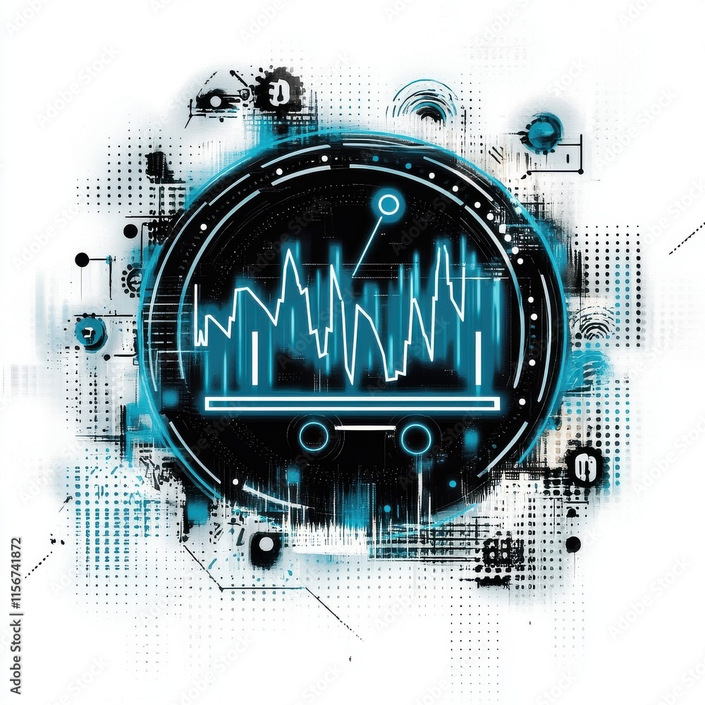 Poster abstract digital illustration of a data visualization concept with blue glowing elements on a white 