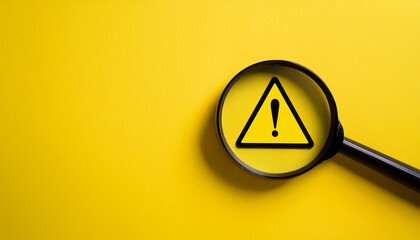 Warning triangle sign and magnifying glass on a yellow background. Close-up.