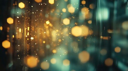 Abstract background with gold and teal bokeh lights, creating a dynamic and energetic visual.
