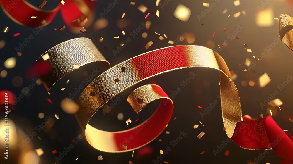 Poster captivating 3d showcasing a dynamic and elegant design of red and gold ribbon swirls amidst glowing 
