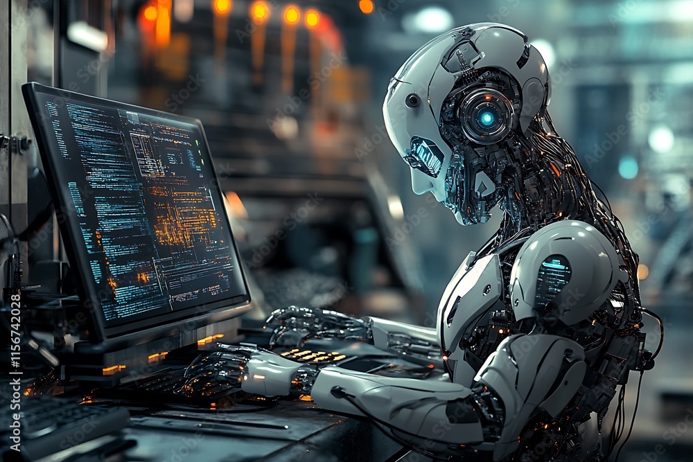 Poster robot working on computer. ai, technology, future concept.