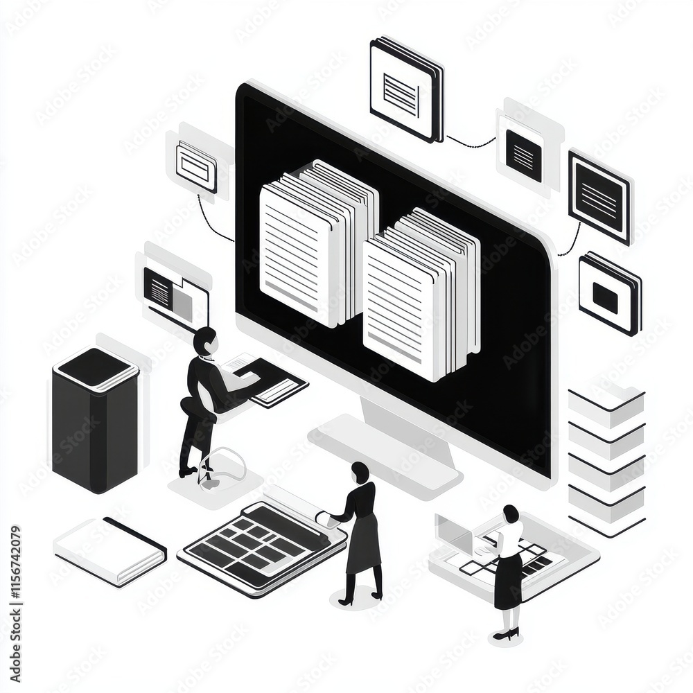 Aufkleber a monochrome illustration of diverse professionals engaged in digital document management using a co