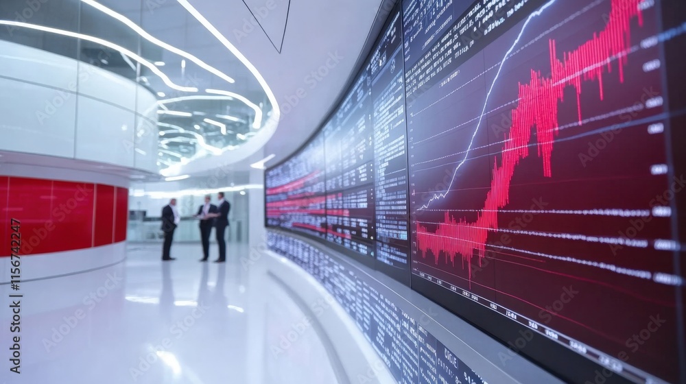 Aufkleber modern finance office with interactive data screens displaying stock market trends and analytics in 