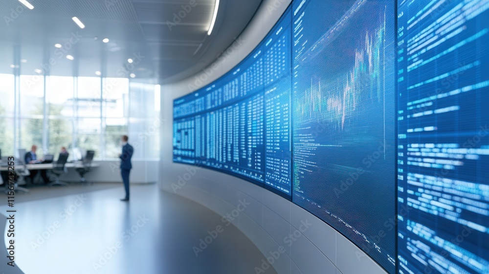 Aufkleber modern office environment with digital screens displaying stock market data and team discussion in b