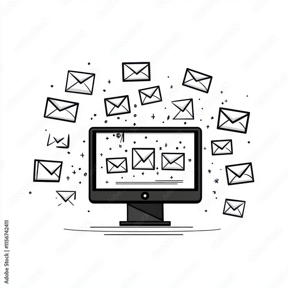 Poster a cartoon-style illustration of a computer screen with animated email envelopes floating around, sug
