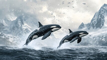 Obraz premium Two Orcas Leap Through Snowy Mountain Waves