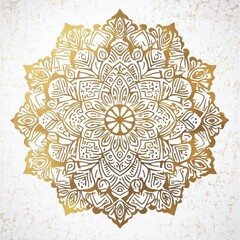 Intricate golden mandala design on a textured white background, showcasing elegance and artistic craftsmanship.