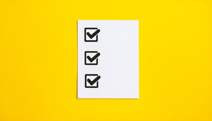Checklist with check marks on yellow background. Top view. Mock-up.