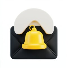 A vibrant yellow bell placed on a sleek black envelope with a white top flap, symbolizing notification or alert.