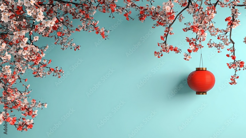Aufkleber visually striking 3d featuring a sleek gradient backdrop with delicate lantern and cherry blossom pa