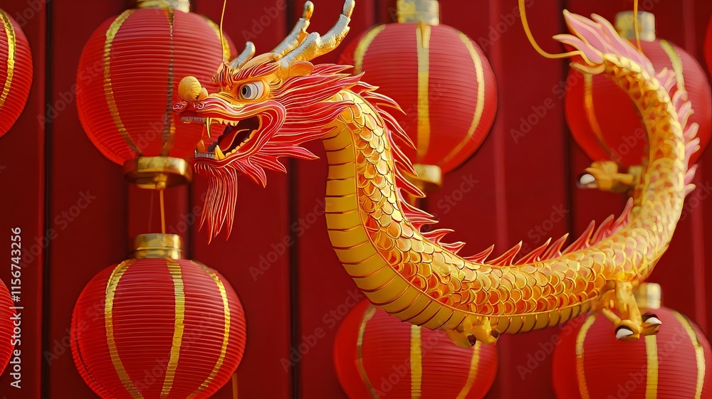 Poster mesmerizing dragon and lantern patterns forming abstract seamless shapes with a clean text zone for 