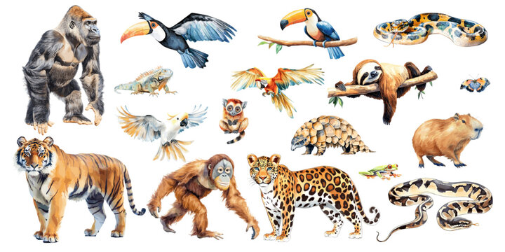 set of vector illustration of a cartoon rain forest animals animation, painted with watercolor, isolated on a white background