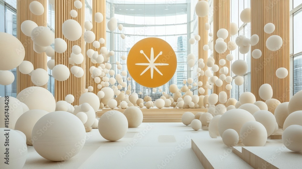 Poster ethereal interior space with floating spheres and geometric elements captured in a modern architectu