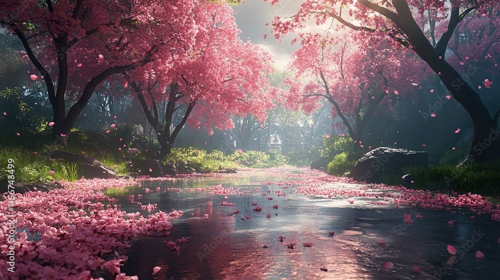 Poster Dreamlike Cherry Blossom River: A Serene Landscape