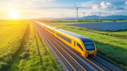 Fototapeta premium Vibrant Yellow Train Traveling Through Scenic Landscape with Wind Turbines and Solar Panels Under a Bright Blue Sky at Sunset