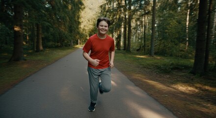 Fototapeta premium Young caucasian teen boy running on a forest path in a red shirt for outdoor fitness and well-being