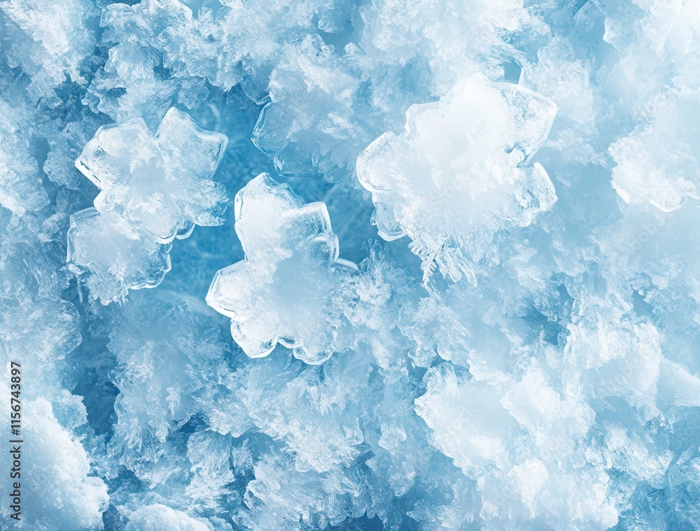 Poster close-up view of intricate snowflakes on a cool winter surface highlighting the unique patterns and 