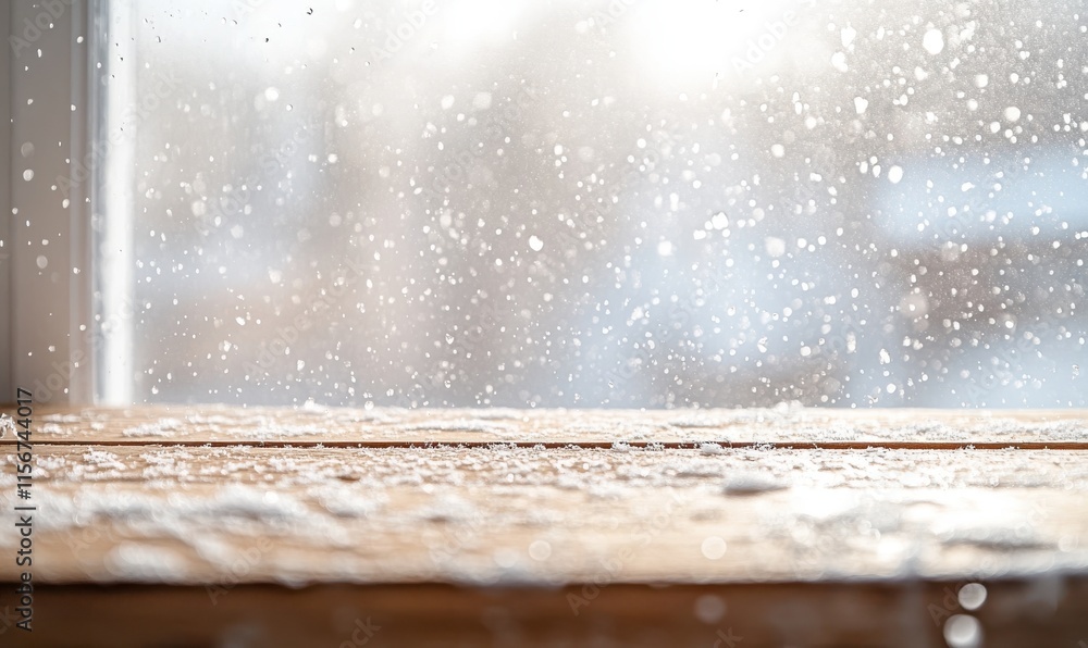 Poster close-up view of snow falling through a windowpane with wooden surface and gentle light, creating a 