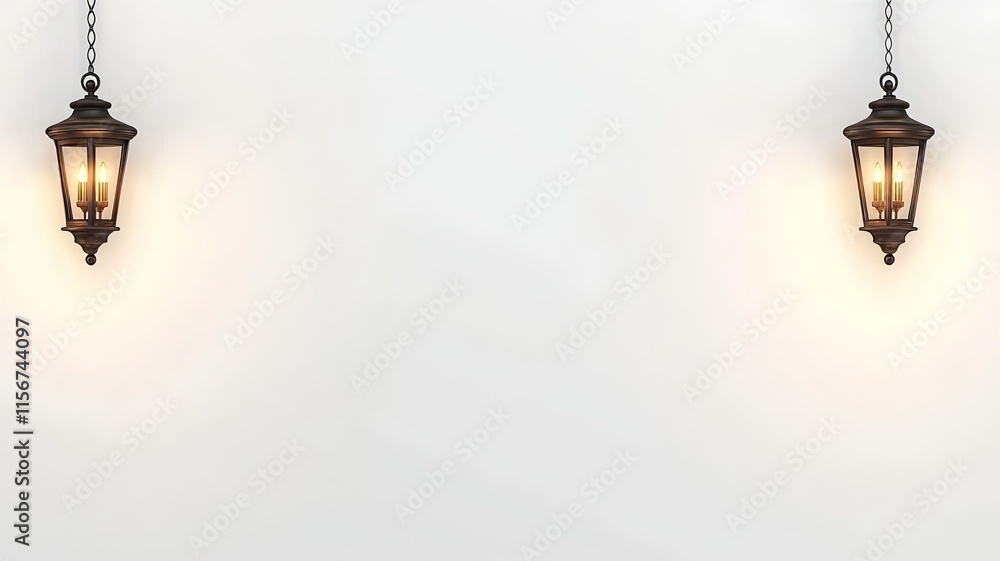 Poster elegant and minimalist 3d of glowing golden lanterns on a seamless white background ideal for brandi