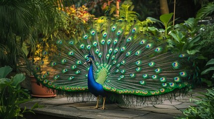Obraz premium Peacock displaying vibrant plumage in lush garden.