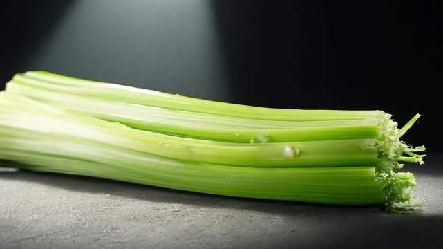 Dramatic video close-up of the crisp, ribbed texture of celery