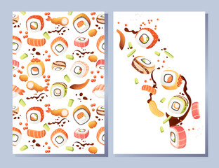 Vertical banner design. Advertising style menu card. Sushi roll japan street fast food with seafood salmon tuna and rice with cheese vector illustration on white background