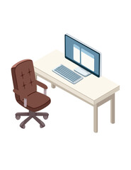Isometric office desk with chair on wheels. PC monitor with keyboard on table. Soft brown leather chair on star base. White wide desk. Vector illustration isolated on white background