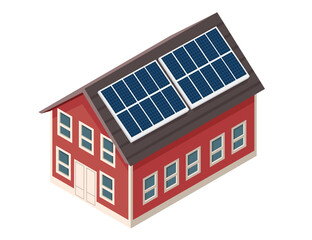 Isometric modern home with solar panels on the roof. Ideal for renewable energy, eco-living concepts, sustainable architecture, or green technology. Vector illustration isolated on white background