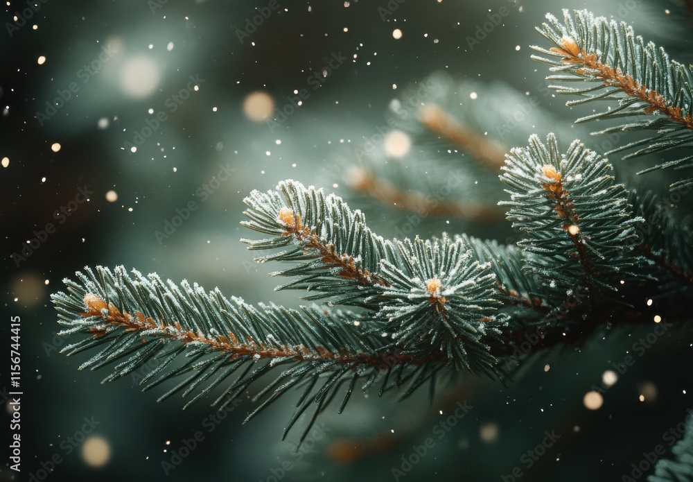 Poster close-up view of varied evergreen branches covered in frost amidst a gentle snowfall, creating a mag