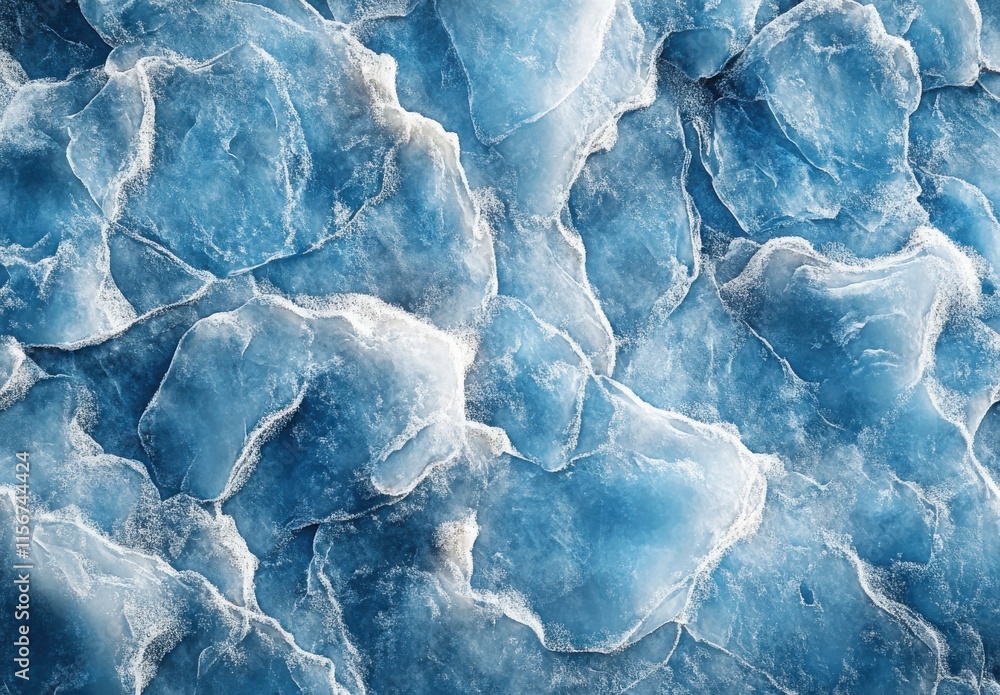 Poster close-up view of textured ice layers in shades of blue, capturing intricate patterns and natural bea
