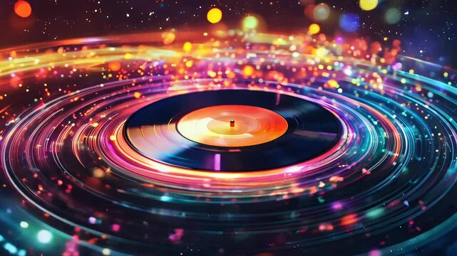 A glowing vinyl record spinning in a sea of colorful light. Music concept