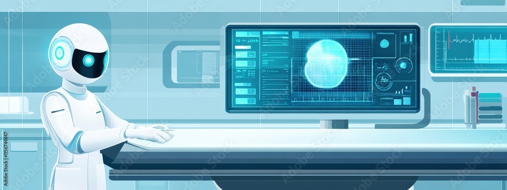 Poster futuristic laboratory scene featuring a humanoid robot with advanced technology and digital displays