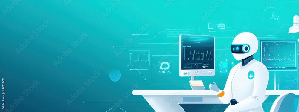 Poster futuristic robot assistant in a high-tech medical office overseeing patient data and health metrics 