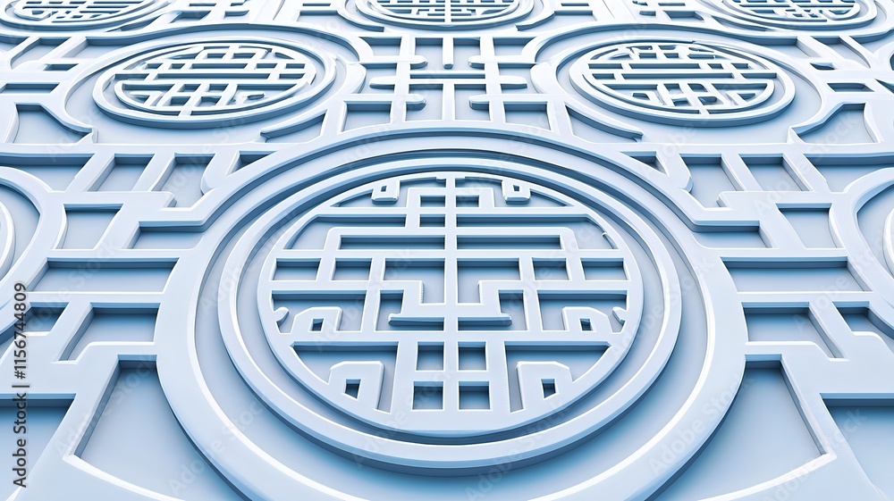 Poster elegant and modern abstract chinese patterns and glowing prosperity symbols displayed on a clean whi